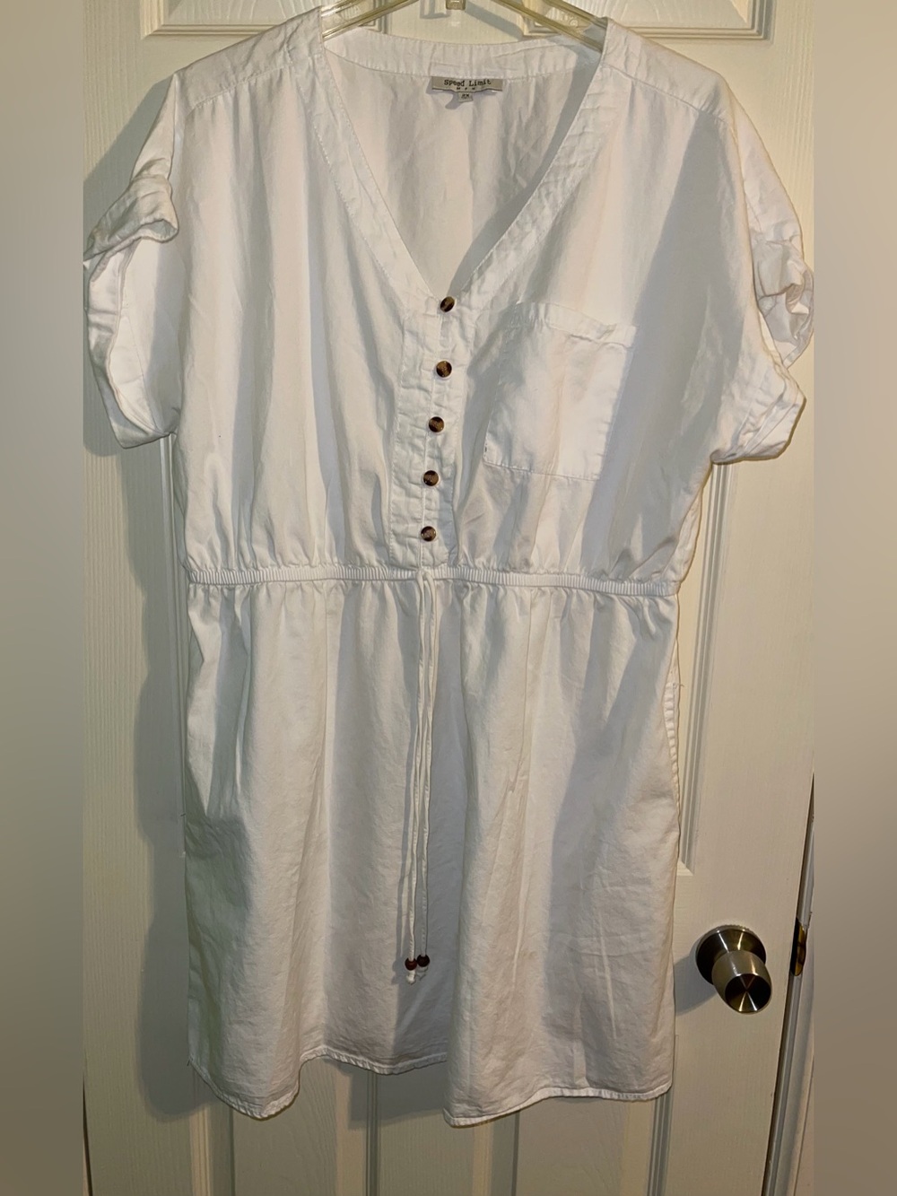 White V-Neck Button-Front Drawstring Dress - 2X